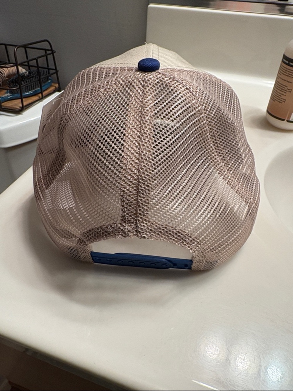 Anthropology Ciao Bella Graphic Trucker Hat - Beige with Navy & Coral NWT - Picture 2 of 6